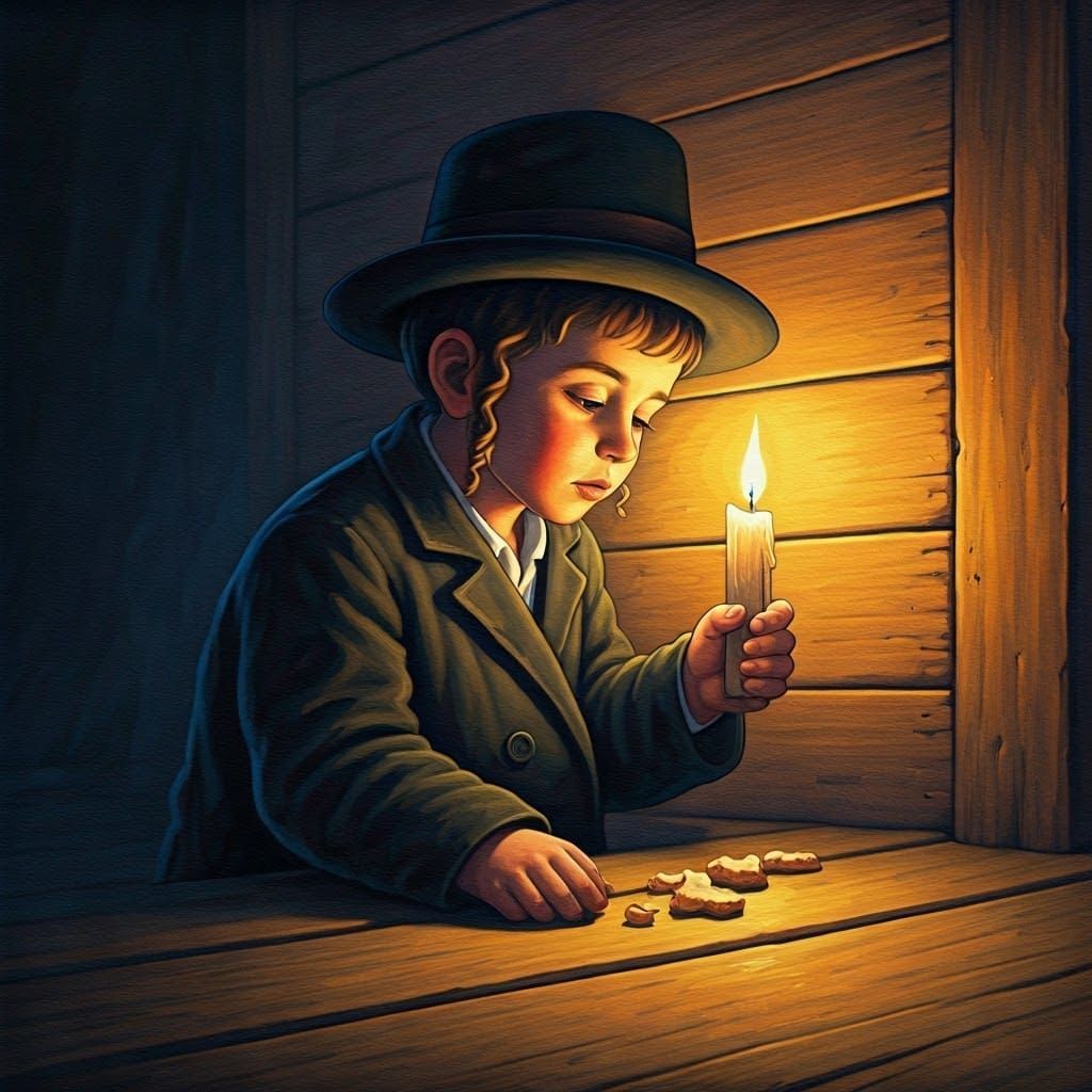 Young Haredi Boy Searches for Bread Crumbs in Candlelit Home