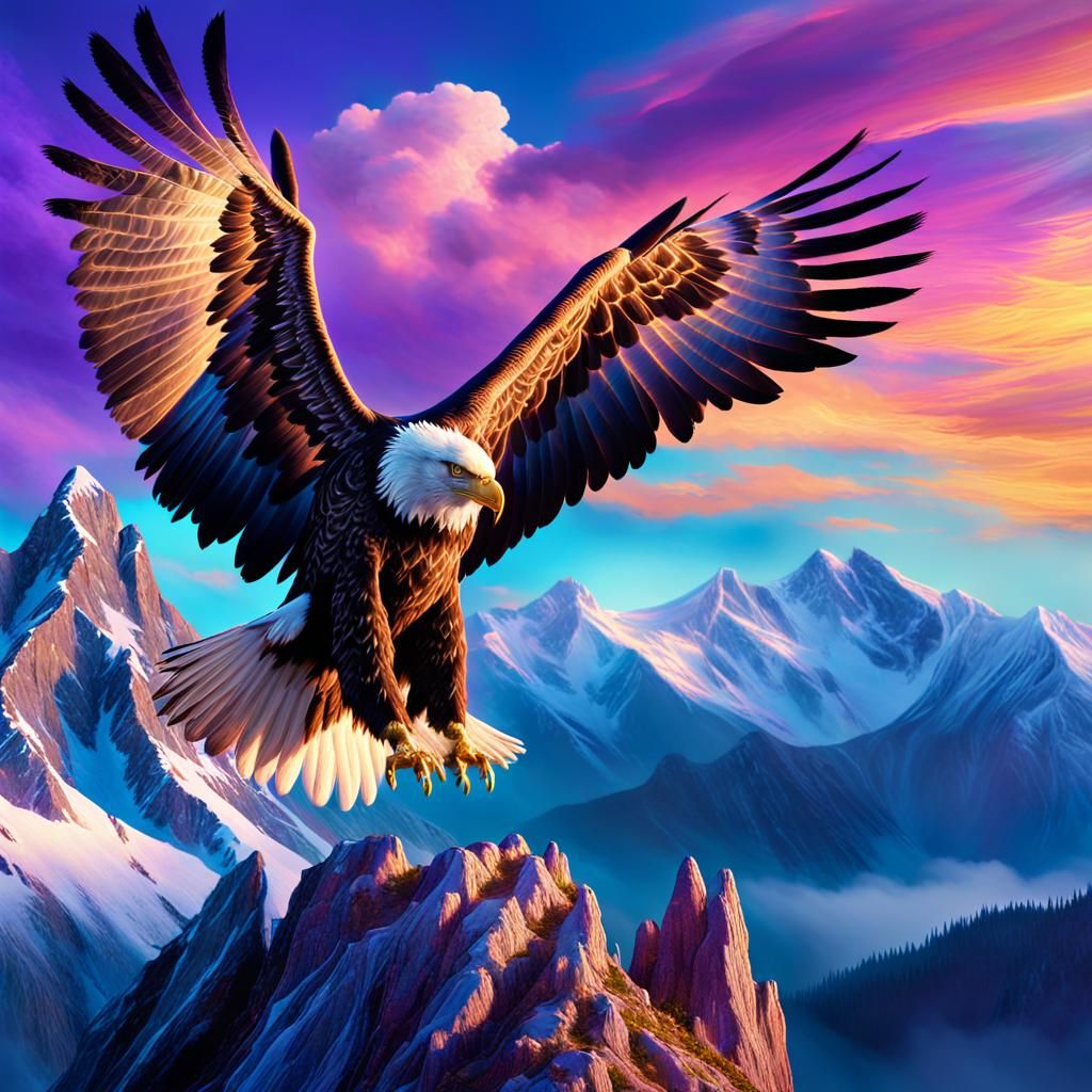 Eagle Spreads Wings in Prayer: Fantasy Oil Painting