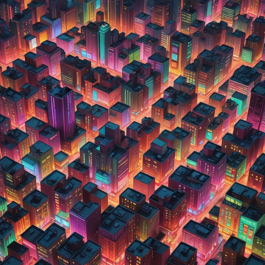 multi colored bright neon skyscraper buildings stormy sky an...