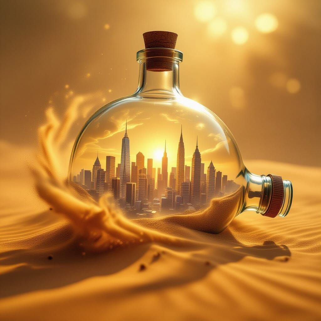 City Swirling in Sandstorm Inside a Bottle