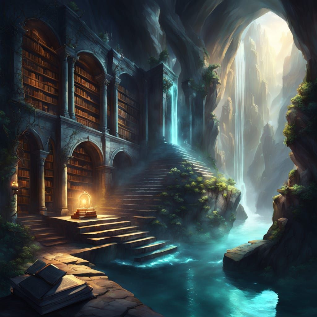 Hidden Cliffside Library with Mystical Pool and Waterfalls