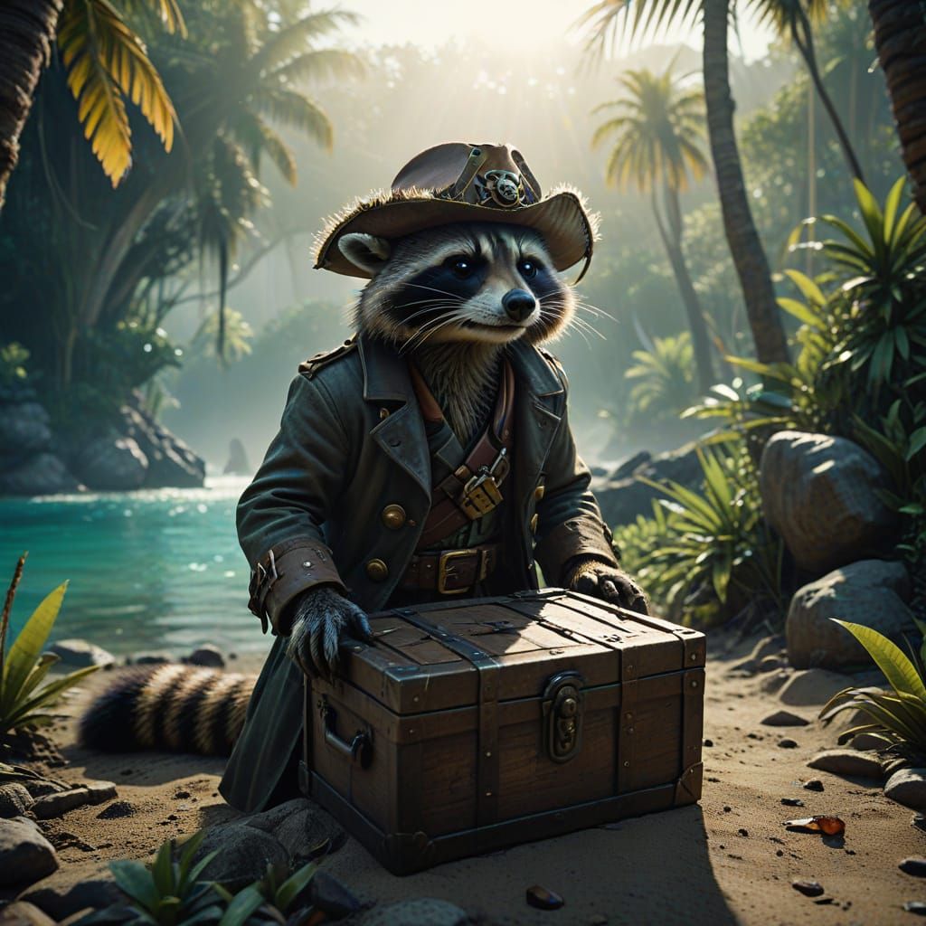 pirate raccoon finds treasure  by @Kitsun3 th3 foxi3