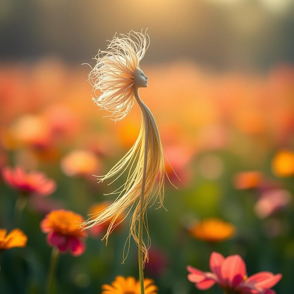 beautiful flower in the shape of a faceless tiny woman figure, dozens of different strands blowing in ...  by @Kindly Offer