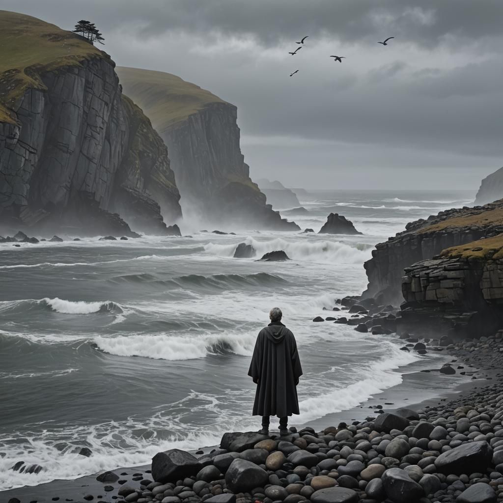 Mist hangs low, a shroud over a desolate shoreline. Pebbles, worn ...