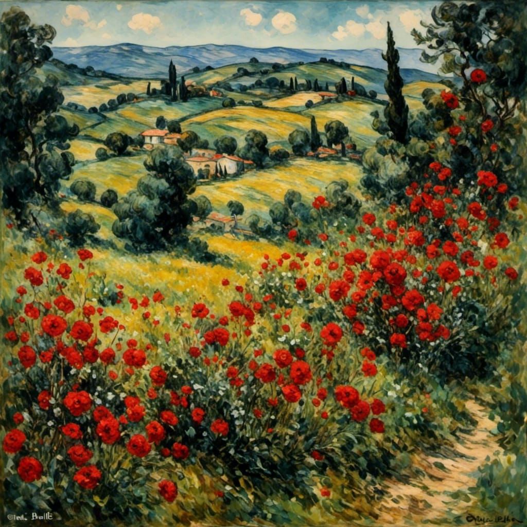 An image of <lora:My Style:1.0> Italian Countryside,  red flowers, by Monet and Picasso. Deep contrast colour, highly detailed, neo-primitiv...