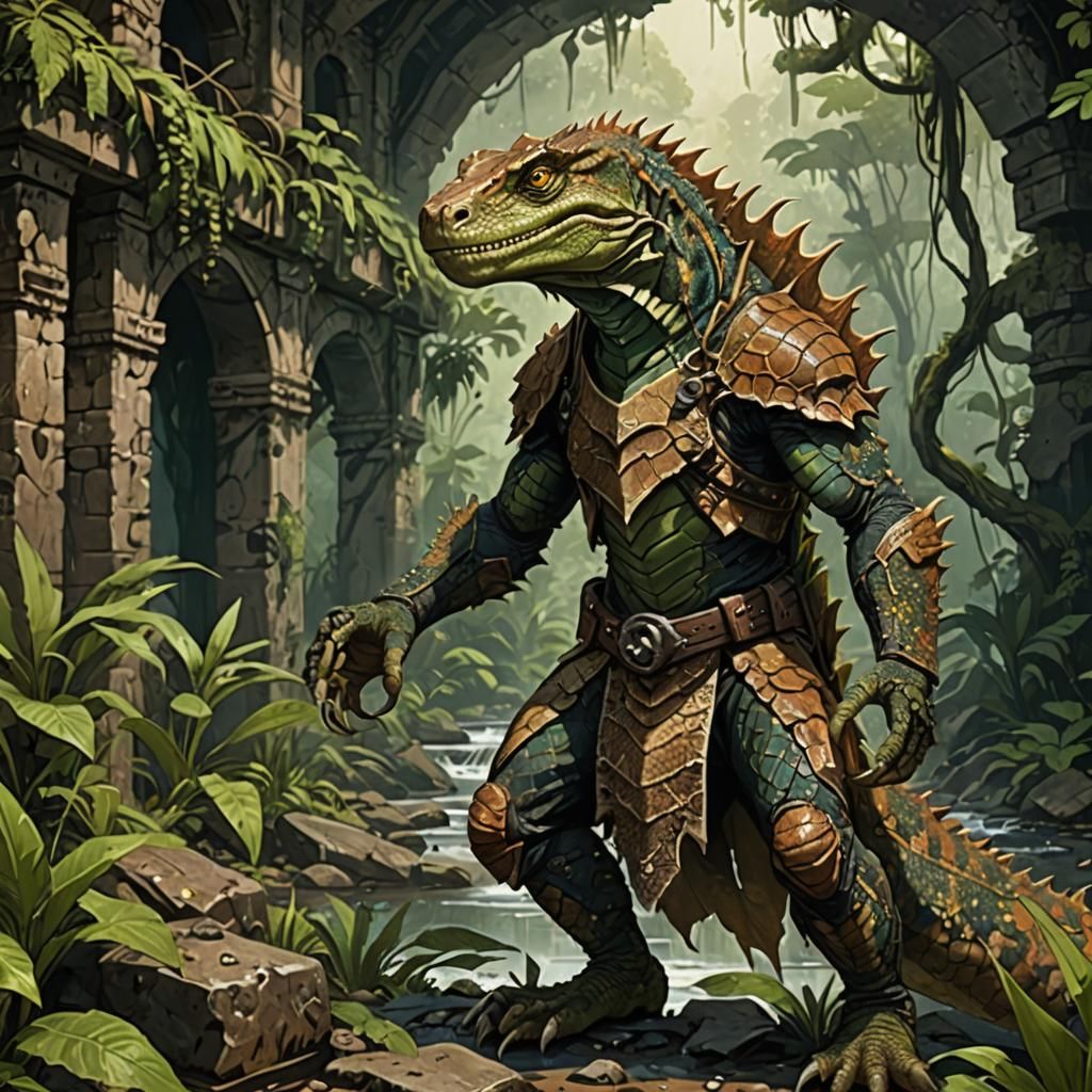Lizardfolk male.  Brown scales.  Shamen.  In a ruin surround...