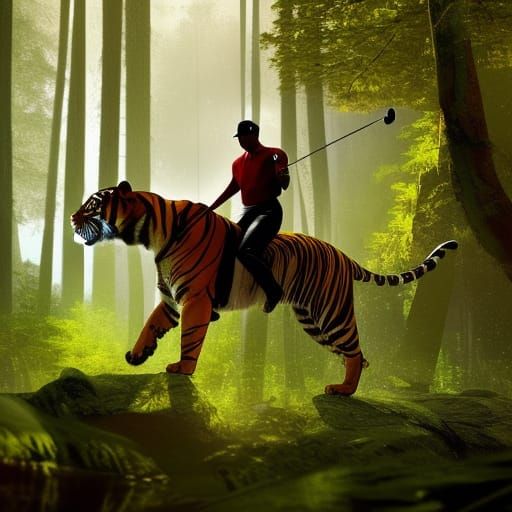 Tiger Woods Rides a Tiger in the Woods