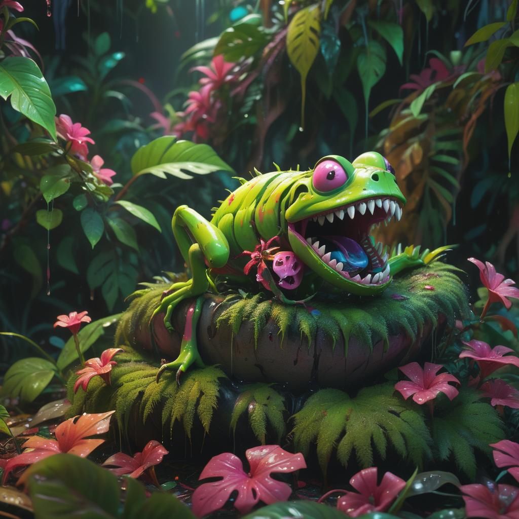 Hyper-realistic, mid shot. Cannibal plant eating its prey in...
