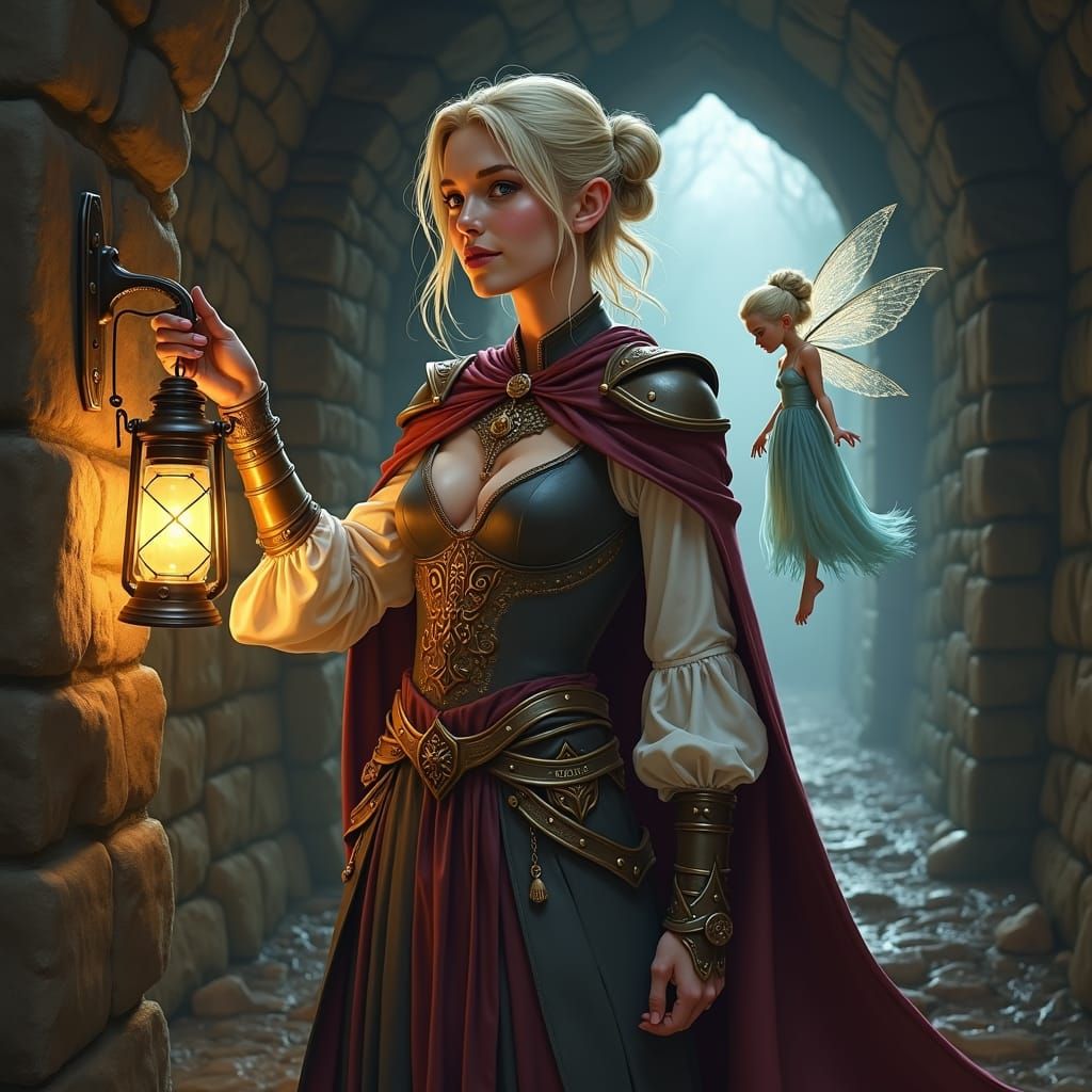 A DnD-style image of a beautiful half-elf rogue in a dark, she sneaks forward in the damp sewer beneath a fantasy city. She has light blonde...