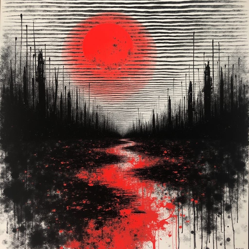 Dark, Gritty Metal Desert Landscape in Traditional Ink Art