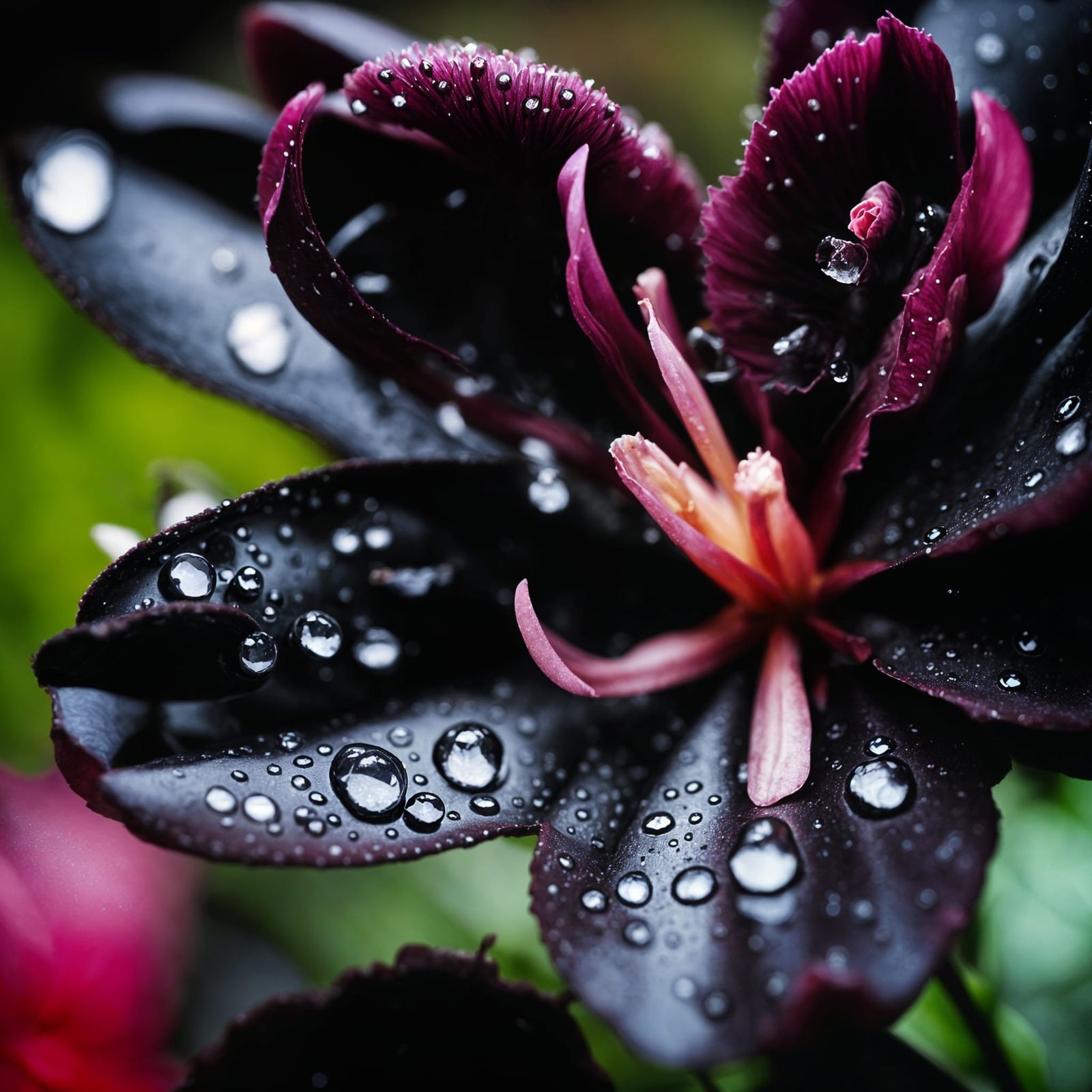 Black Satin, with a delicate balance of petals and dewdrops  by @nesh0rn
