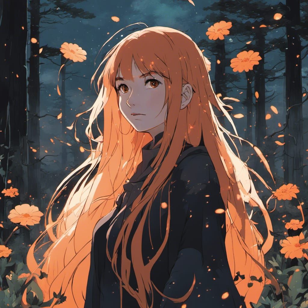 serious woman long bright orange hair fantasy saint with lar...