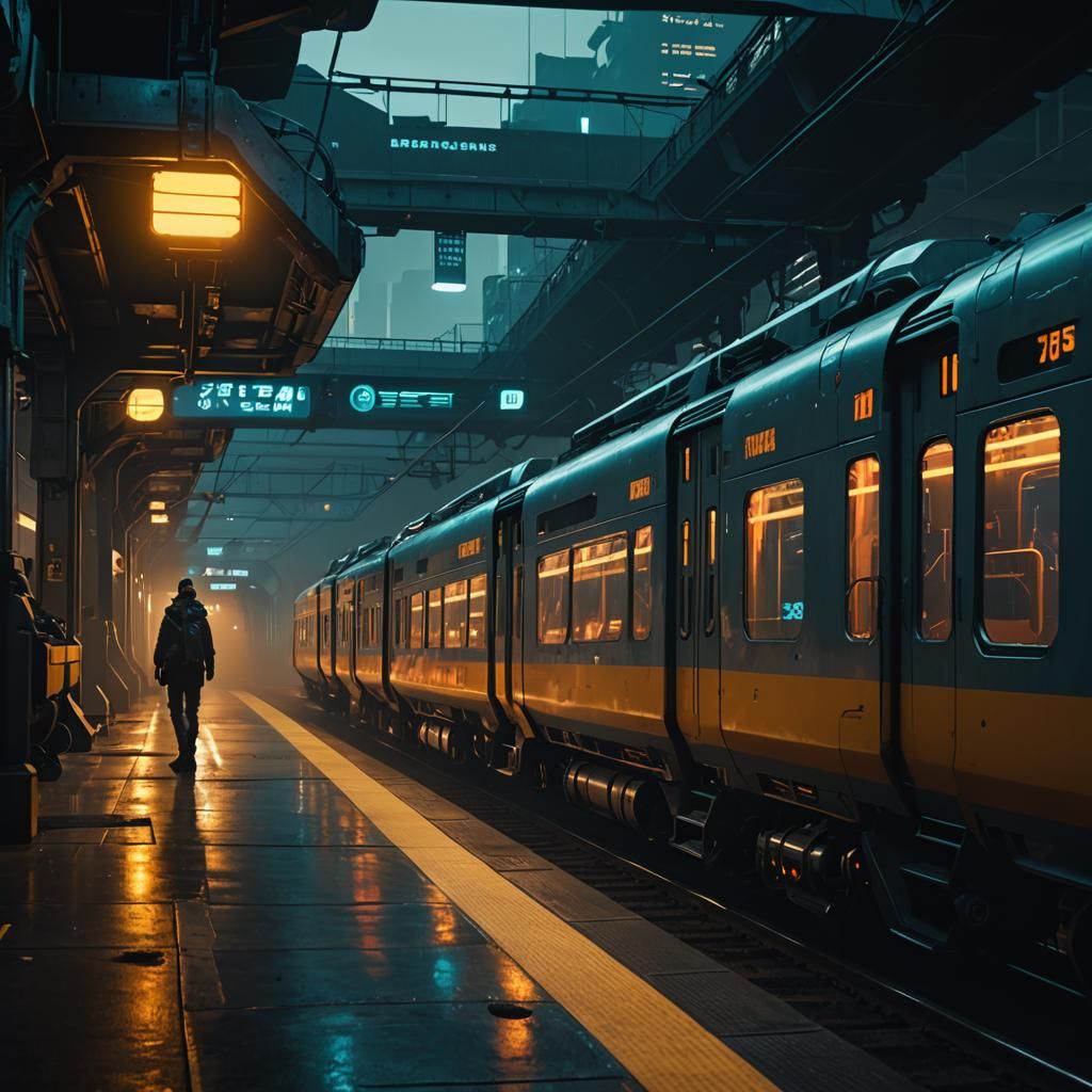 A futuristic train at a train station cyberpunk 2099 blade r...