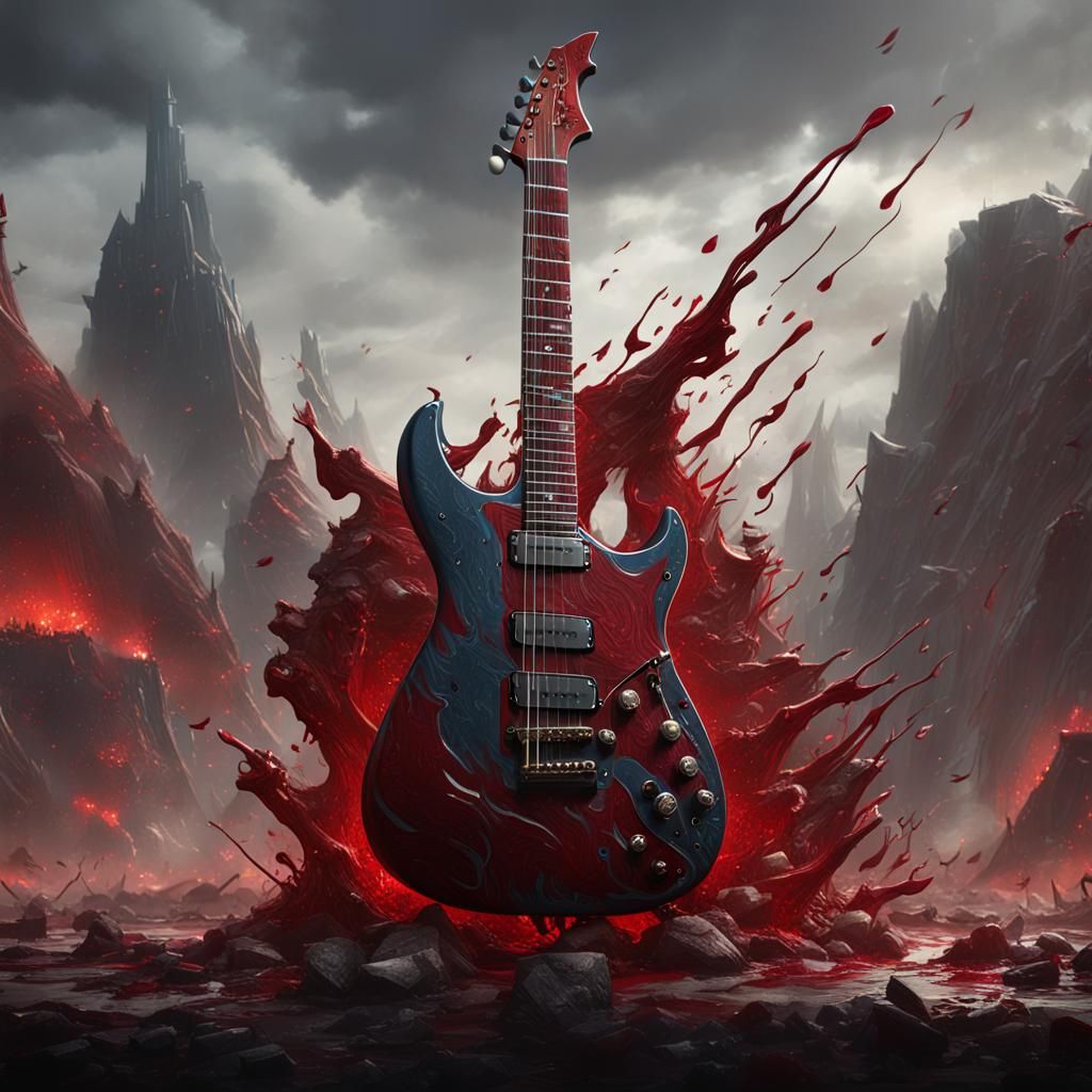 Electric guitar in the shape of a battle with blood dripping...