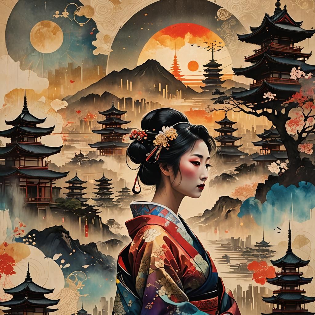 Landscape and geisha  by @Domy