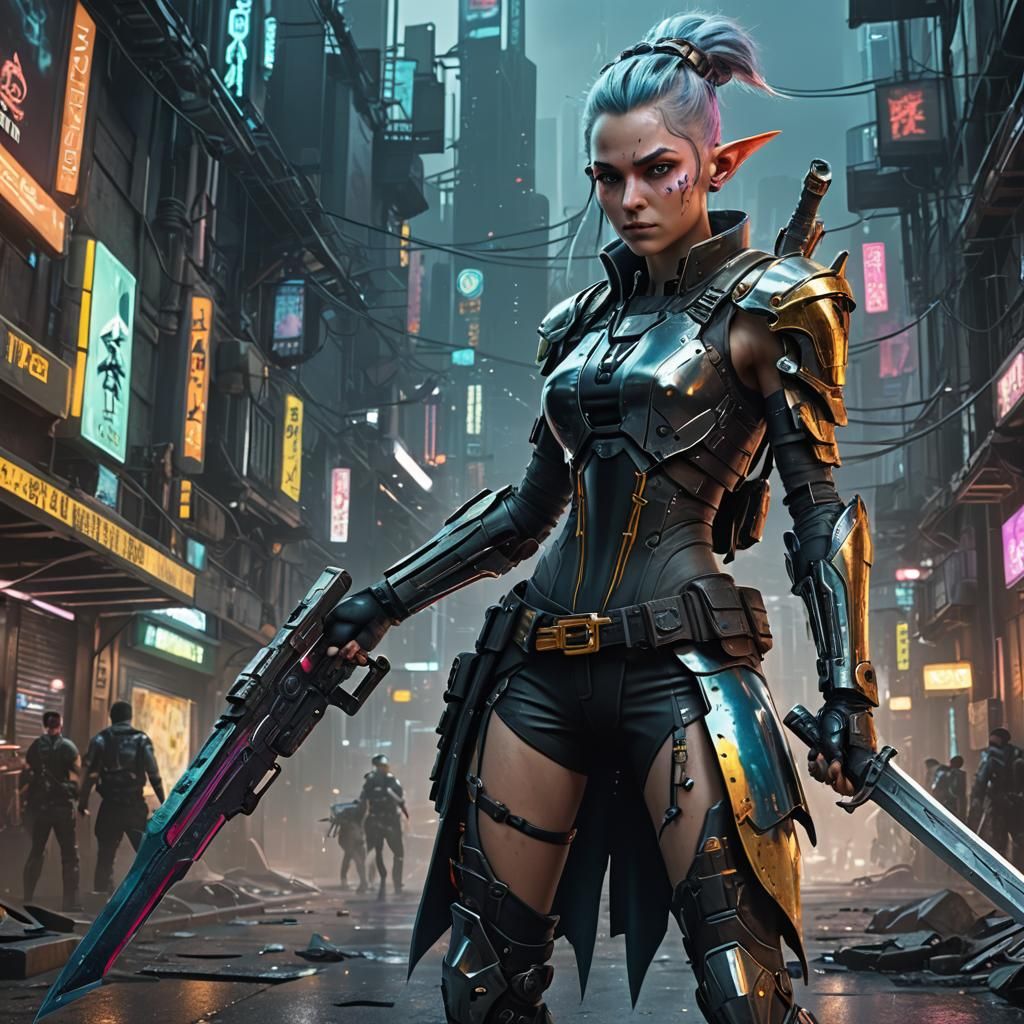 Cyberpunk, A cyberpunk elf with a sword in one hand and a pistol in the ...