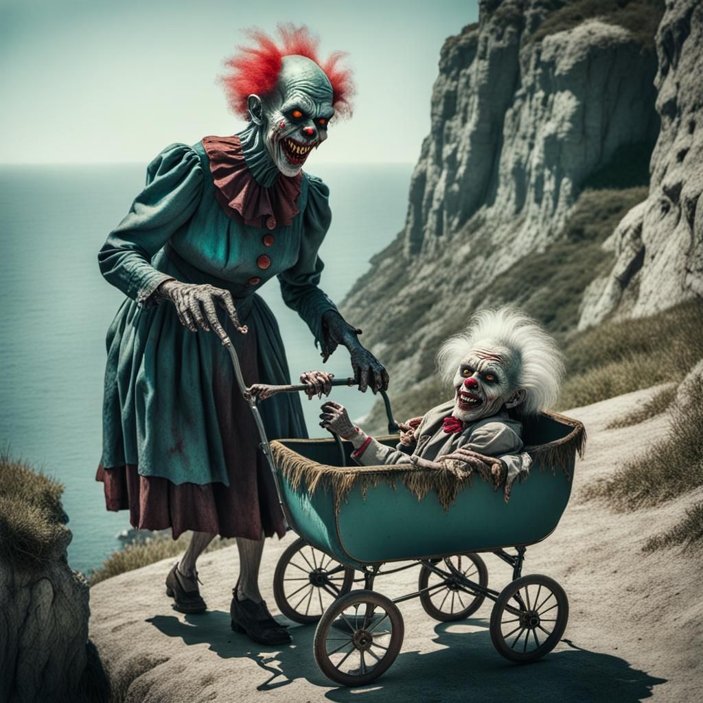 Elderly Old Zombie Sea Monkey Monster Clown Woman Grinning M...