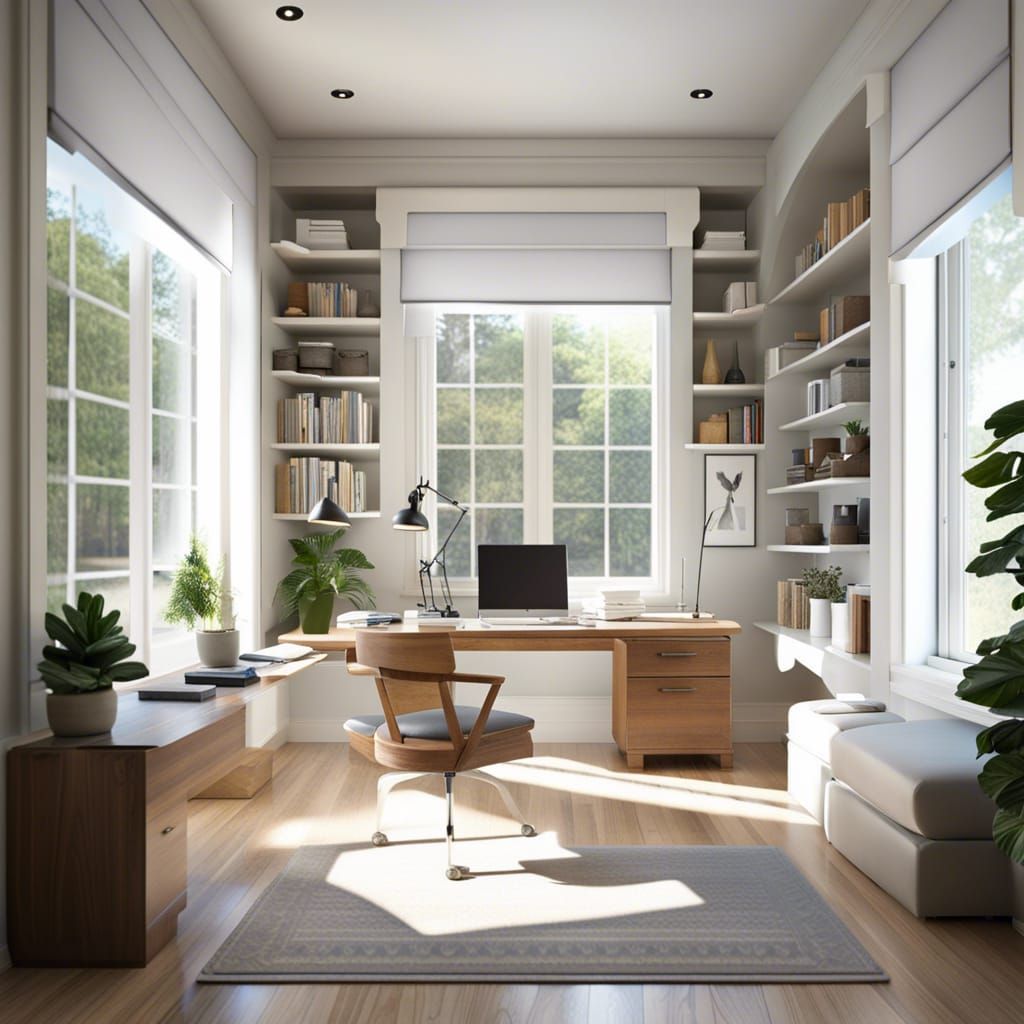 serene home office with ample daylight entering from two sid...