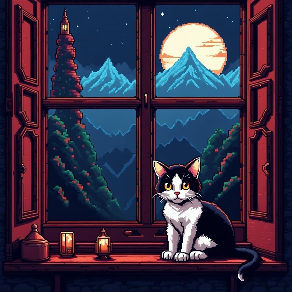 A Evil lone black and white kitten on a window sill <lora:Bit Code Breaker:1.0> 8 bit, pixel art