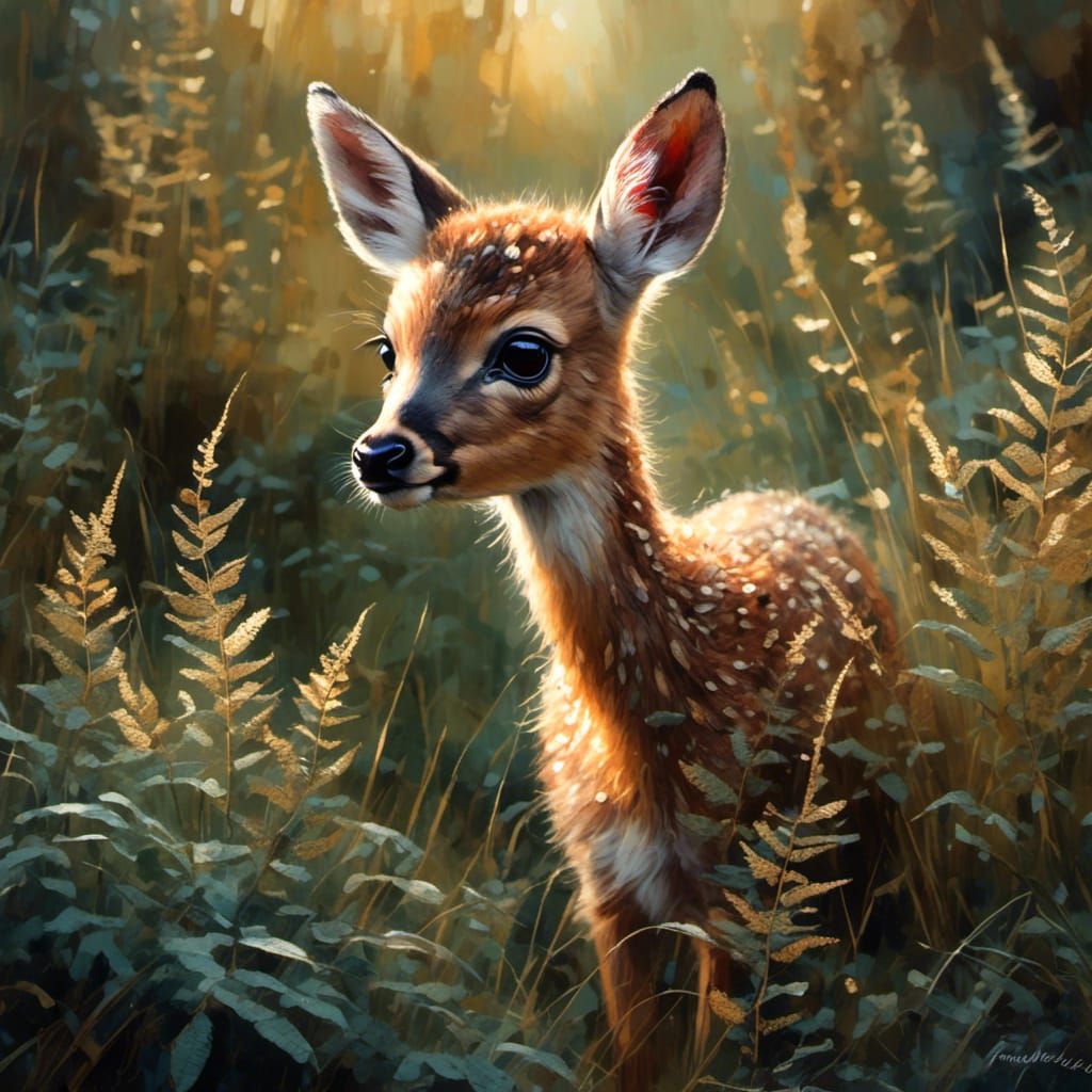 <lora:Oil and Glory:1.0> Oil. Tiny baby roe deer sat amongst ferns. Textured glossy fur bright eyes. masterpiece. Rule of thirds . Golden ho...