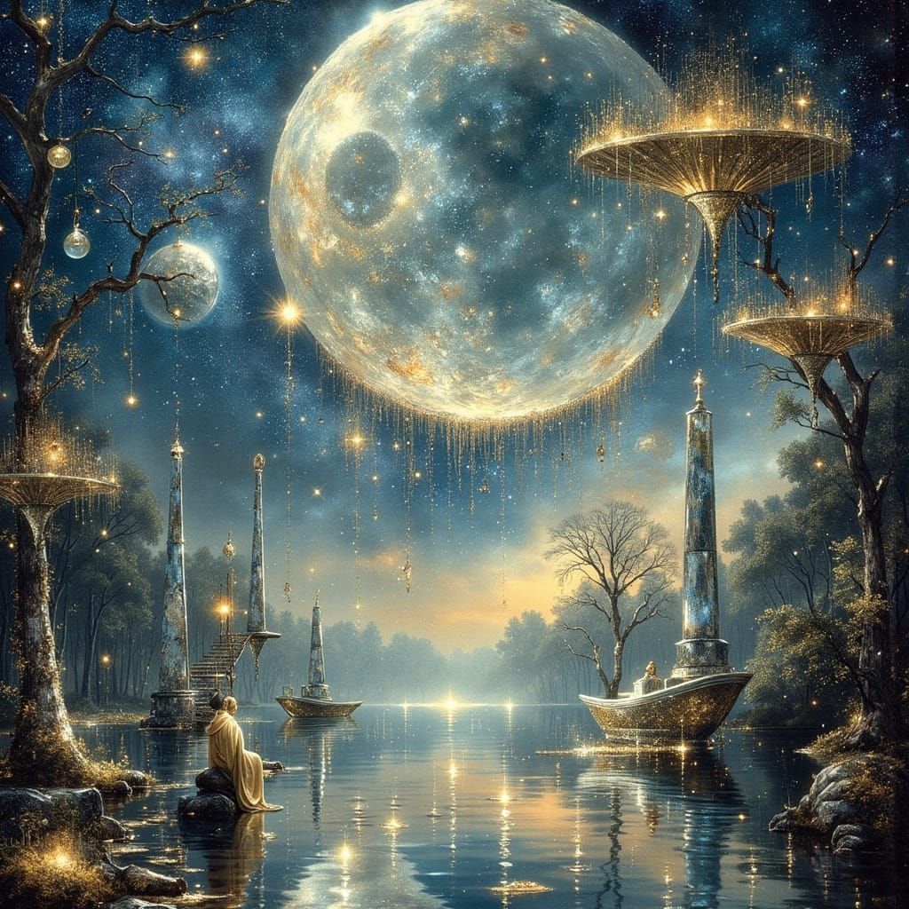 Otherworldly scene set inside a silver celestial sphere suspended in a vast, swirling cosmos.