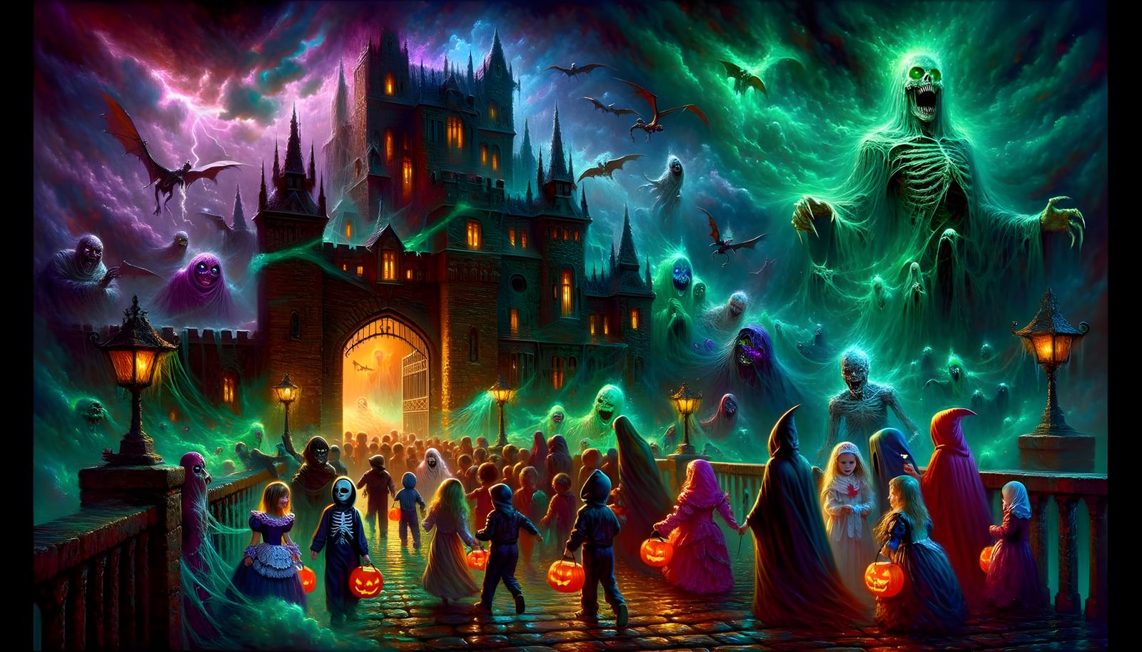 Halloween Haunted Castle Trick-or-Treaters in Stormy Night
