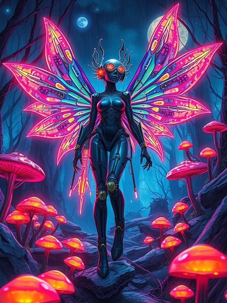 Dramatic Radioactive night. Sci-fi cyborg fairy. Techno-implants, mechanical wings. A post apocalyptic cyberpunk ruined neon wood. Stunning ...