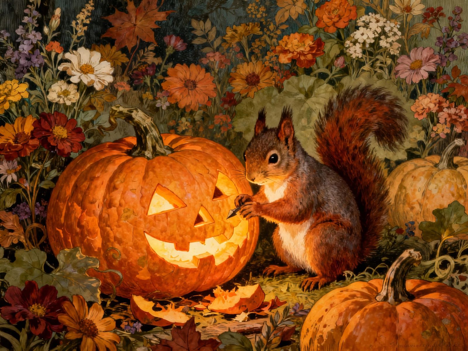 Squirrel carving a jack-o-lantern  by @vintagepix