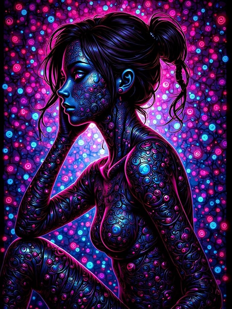 <lora:Anime Girls:1.2>  a vibrant canvas illuminated by a cascade of colorful binary code, forming the silhouette of a captivating woman. ug...