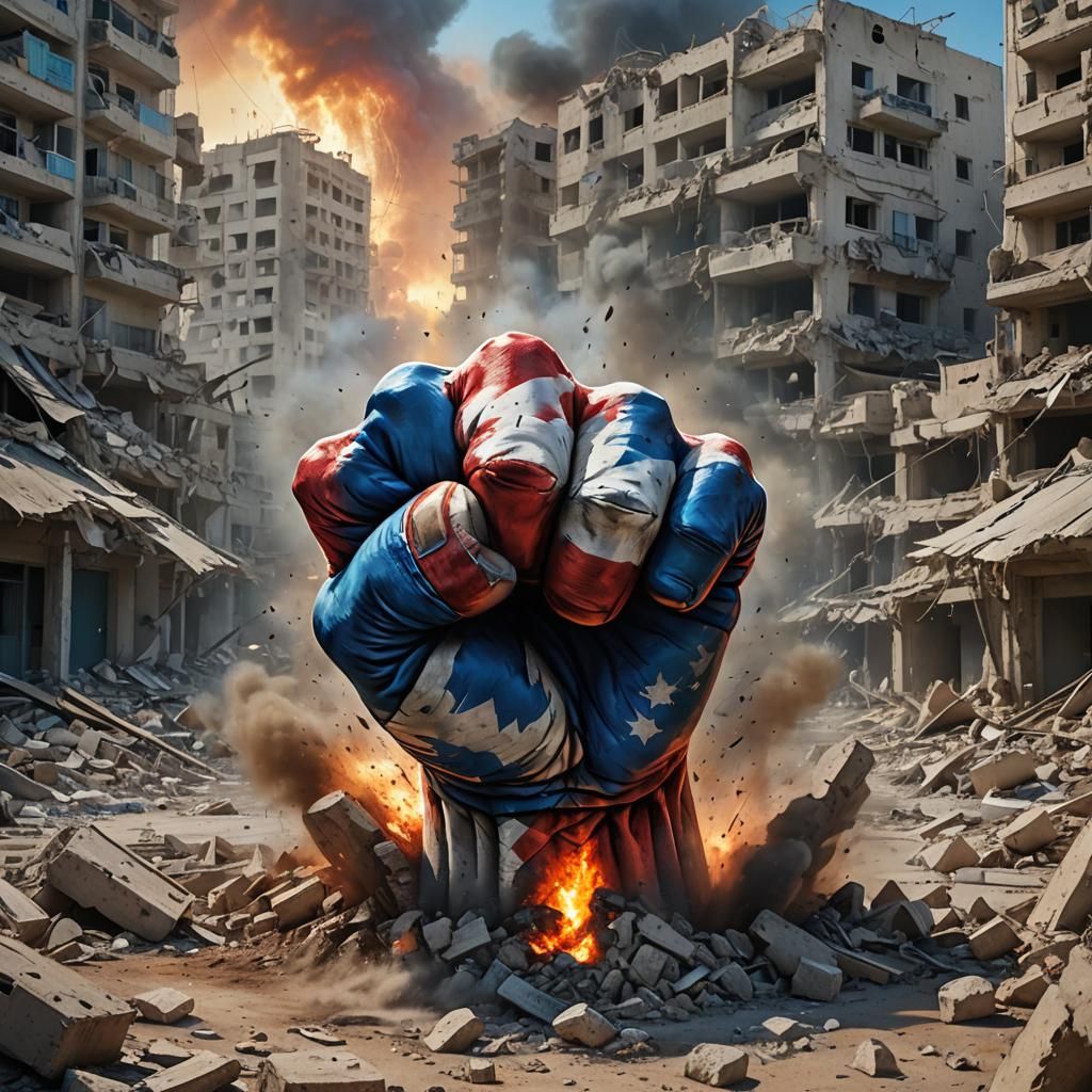 Israeli Flag Fist Strikes Gaza: Oil Painting