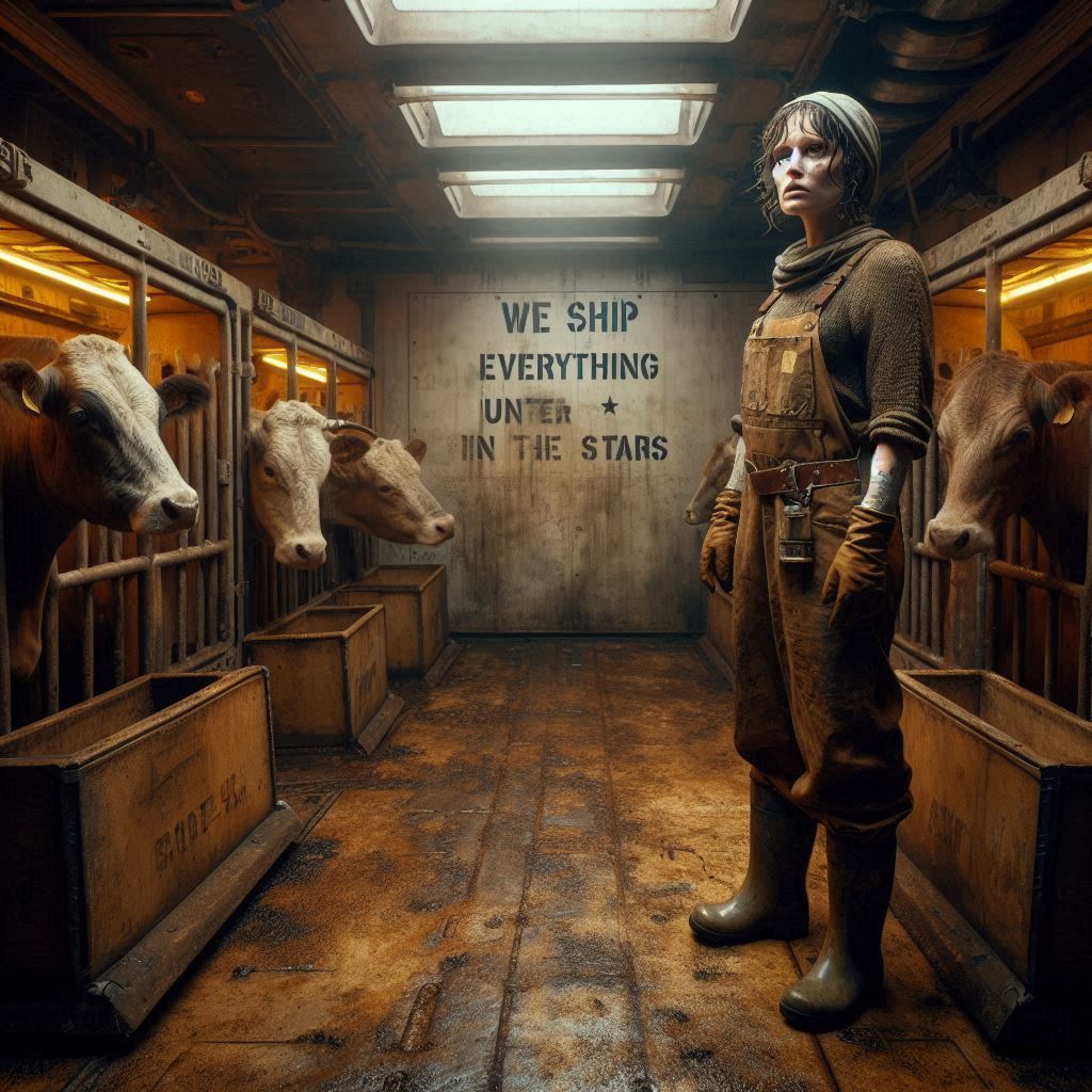 In an old tramp freighter in space, four cows are standing i...