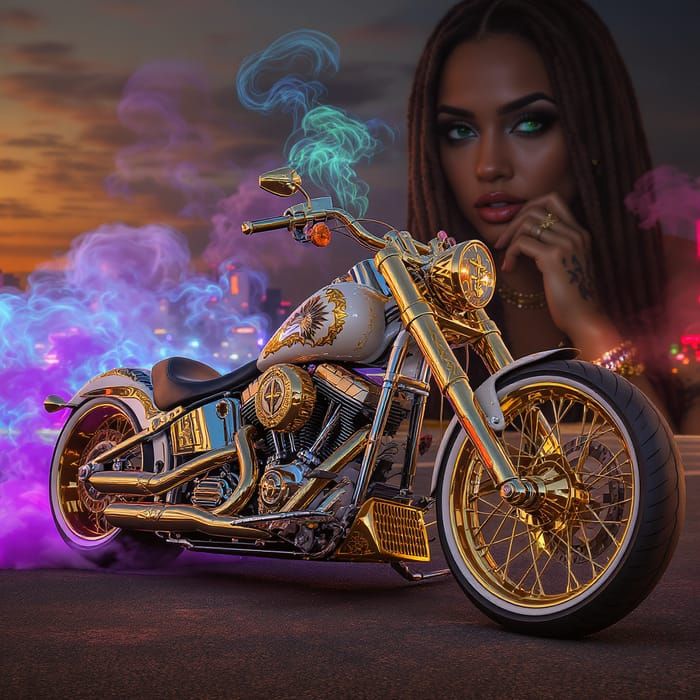 A beautiful female,  with custom Harley Davidson chopper gol...