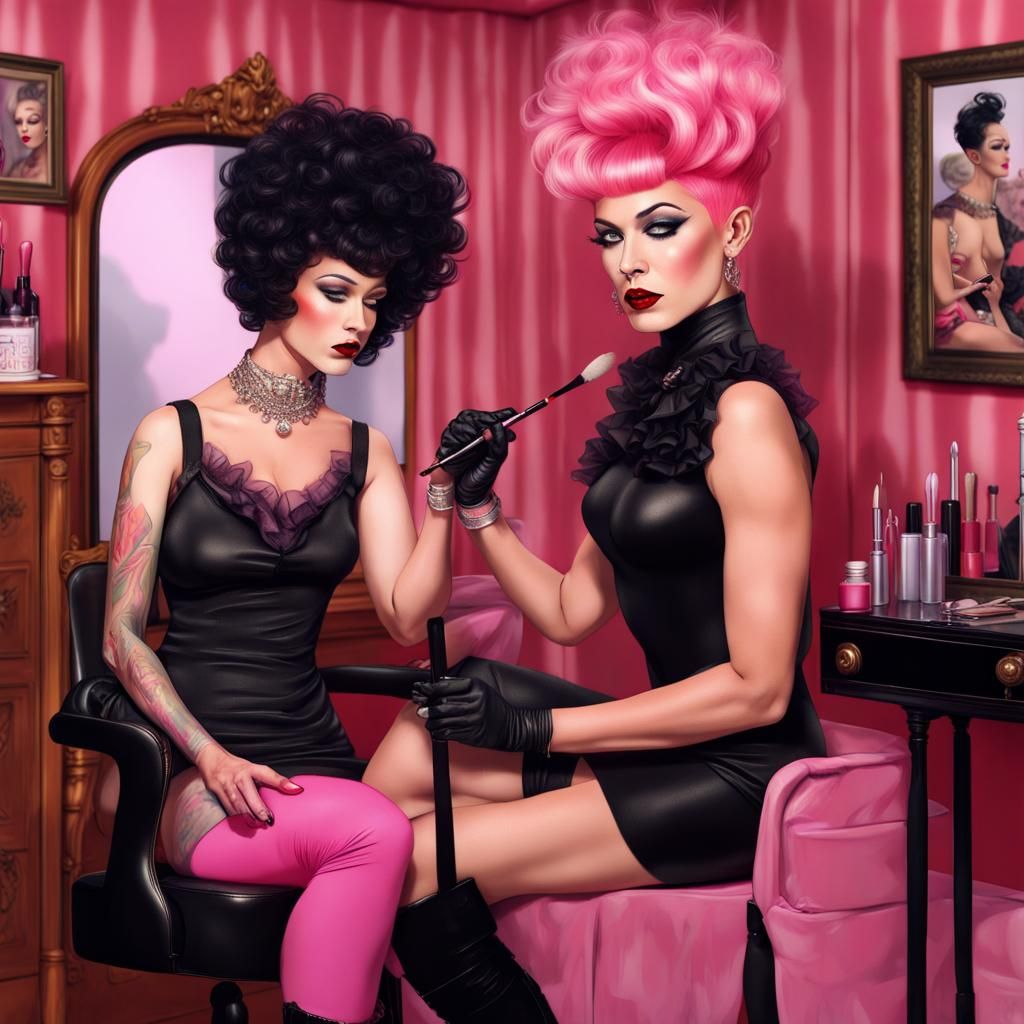 a middle-aged pink-haired drag queen with a pixie hair style wearing a  short black bodycon dress and knee high black high-heeled boots putti - AI  Generated Artwork - NightCafe Creator