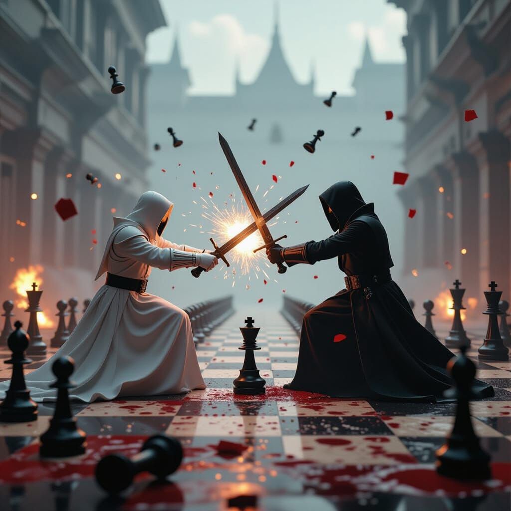 Chess Pieces Duel on a Blood-Soaked Battlefield