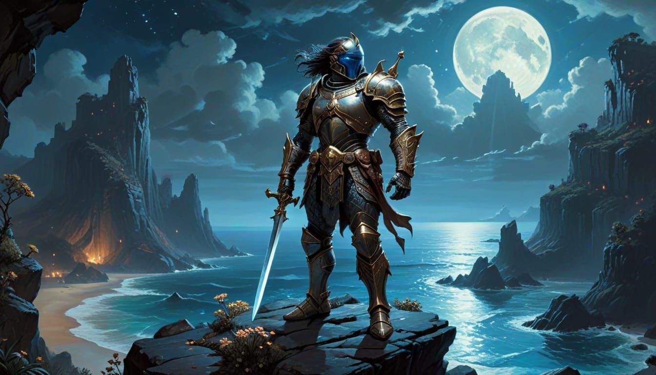 A majestic knight in ornate, gleaming armor stands on a windswept cliff overlooking a vast, alien ocean under a sky filled with twin moons. ...