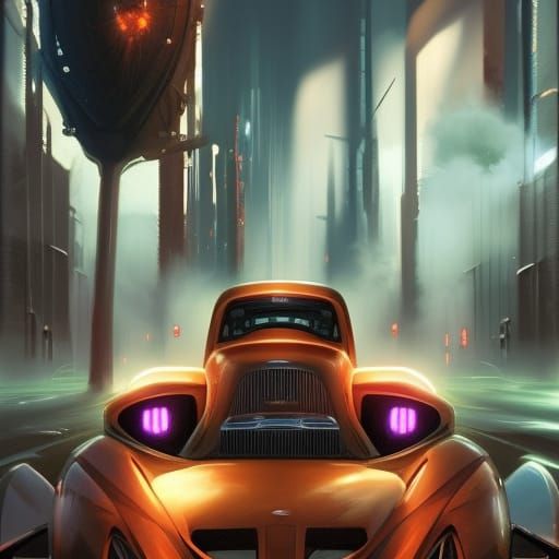 vw käfer als monstertruck im cyberpunkstyle, im hintergrund ...