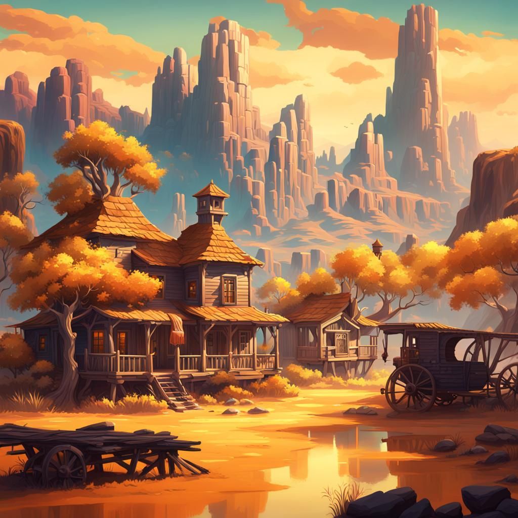 a landscape painting of a western magical land with western ...