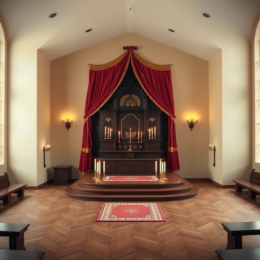 Serene Synagogue Interior with Sacred Ark, in Jewish Art Sty...