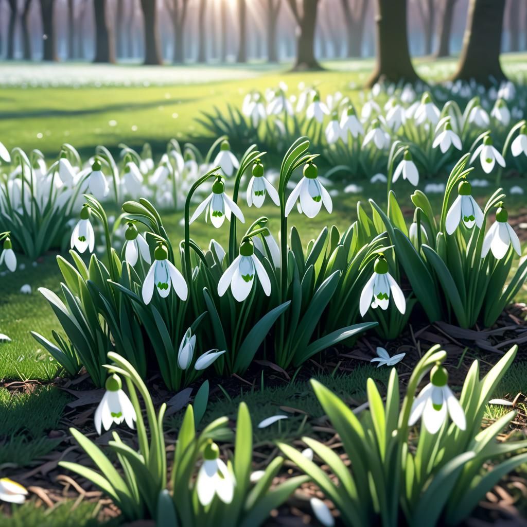 Snowdrops emerging on verdant lawn, early signs of spring, delicate white petals, soft sunlight filtering ...  by @crazy_old_man