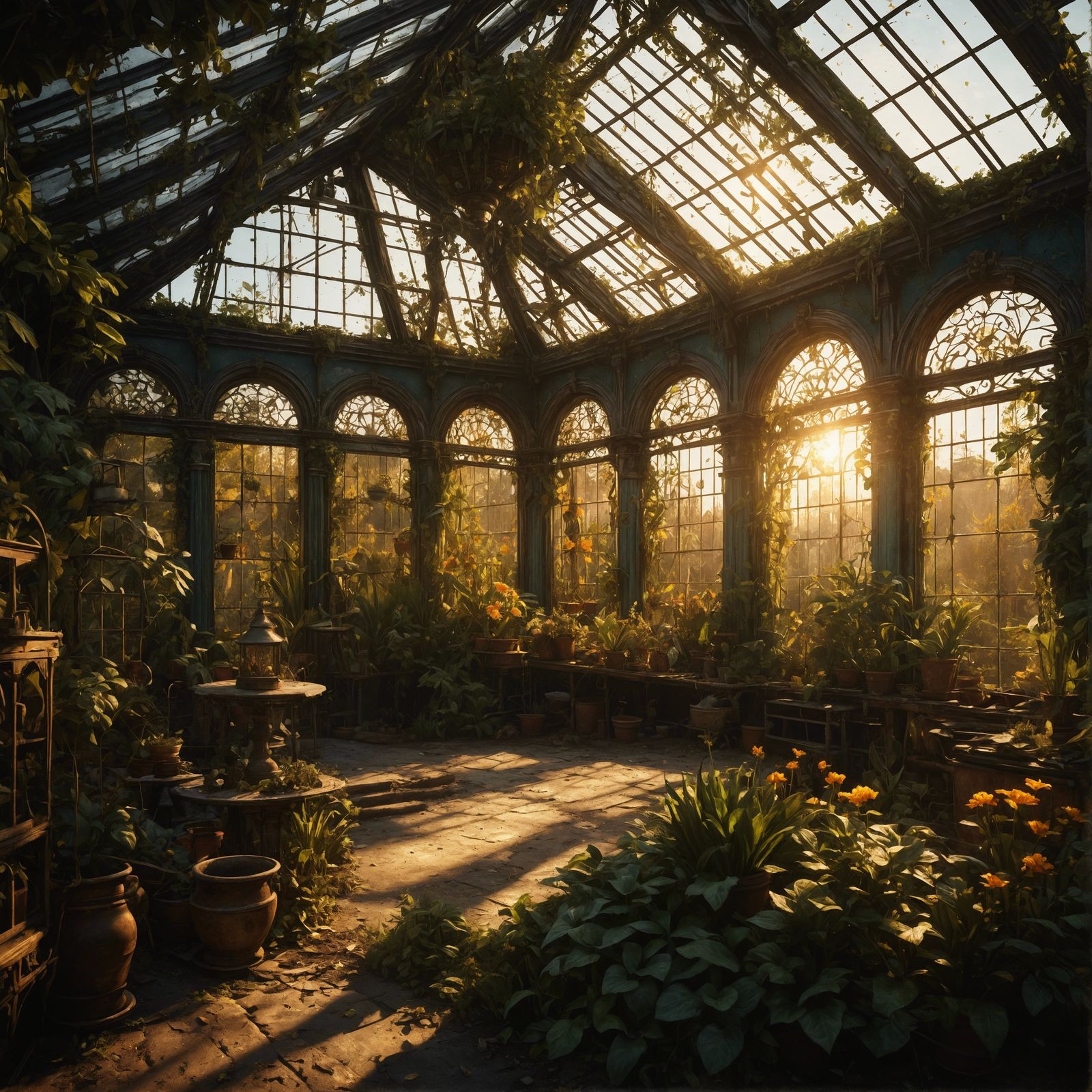 Abandoned Victorian greenhouse with golden sunlight