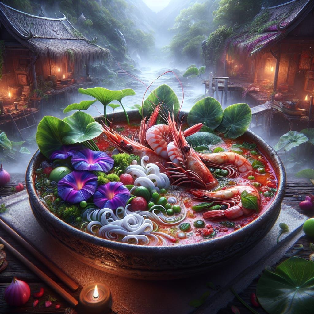 Fantastical Thai Tom Yum Soup in Matte Painting Style