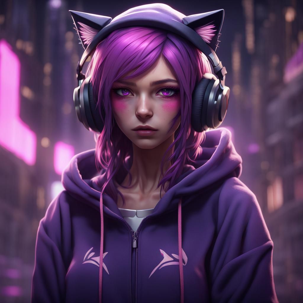 anime girl with purple hair and pink eyes who looks sad and at peace ...