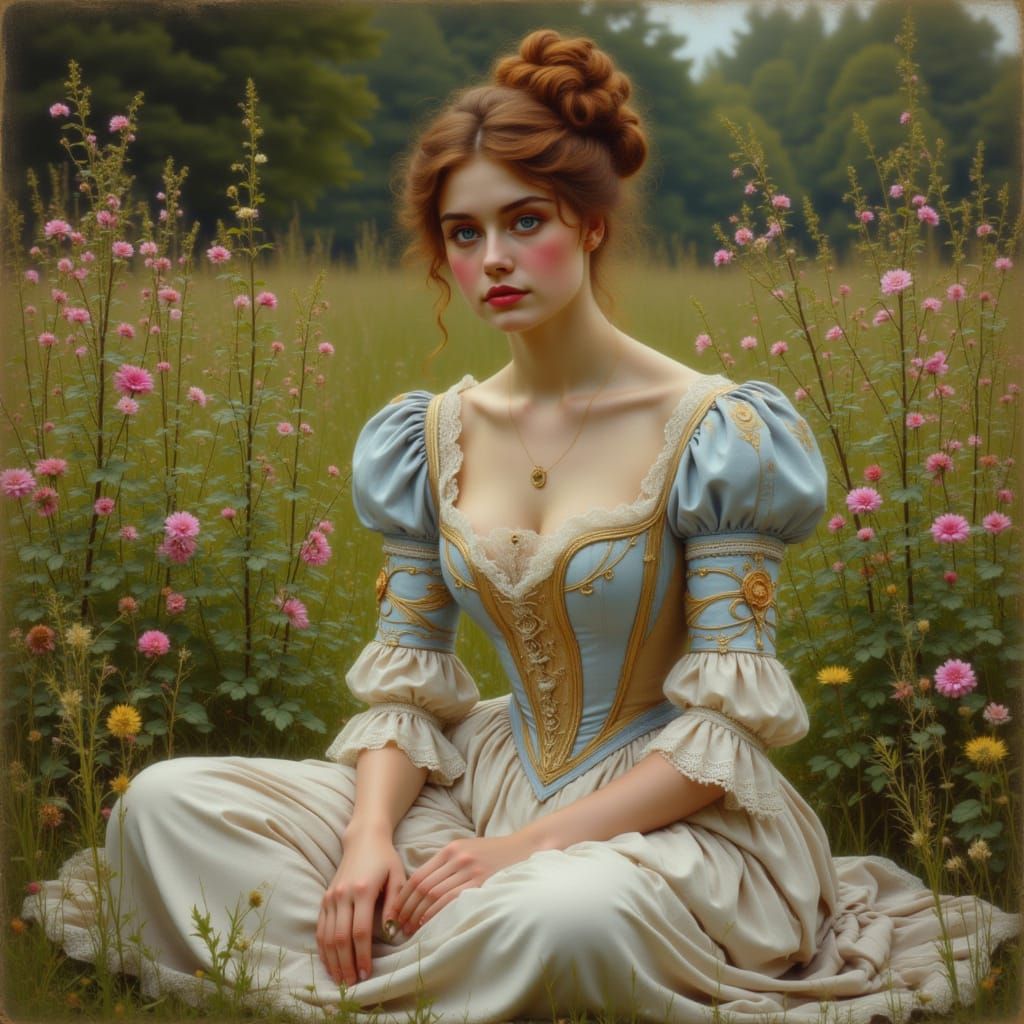 <lora:kak-VictorianMaiden:1.0>Gorgeous Victorian woman, sitting in a garden, painted photo