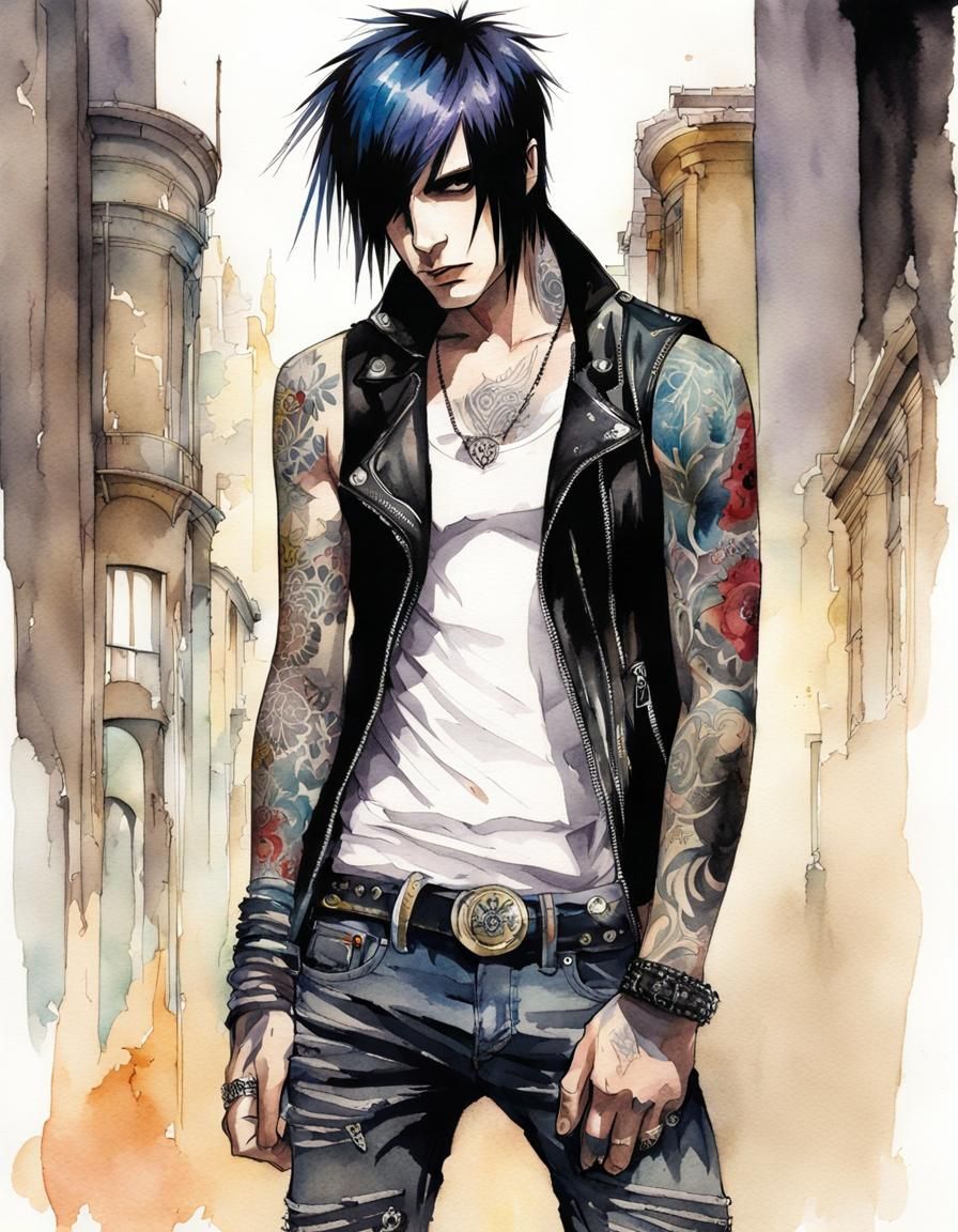 Pen and watercolor Style of Greg Artlop; gorgeous emo; male,...