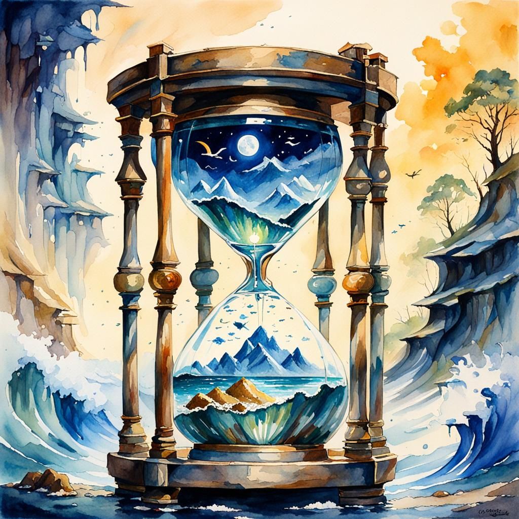 the transience of time in an hourglass, fantasy watercolor