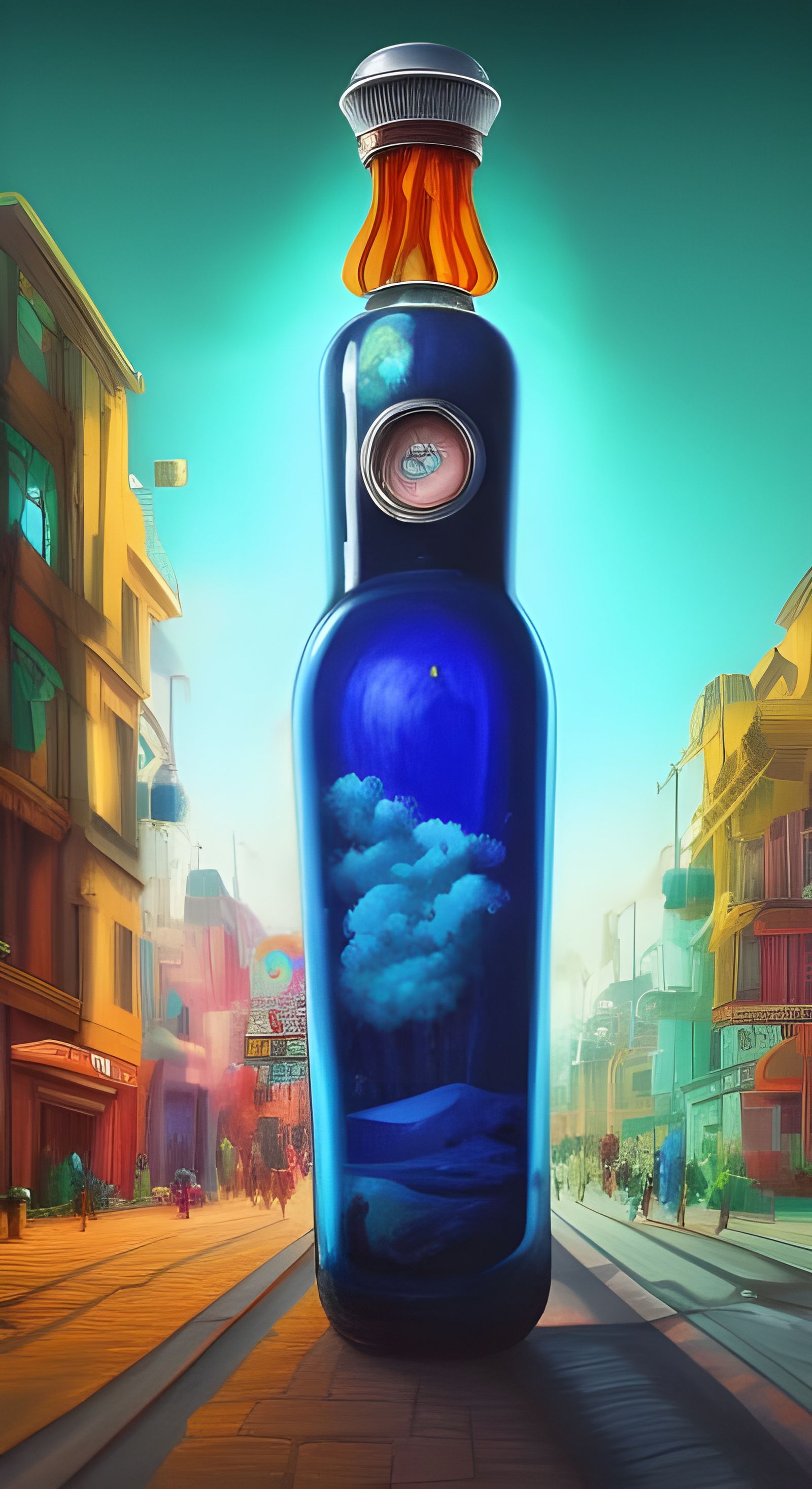 masterpiece painting of a streetscape in the glass bottle , electro