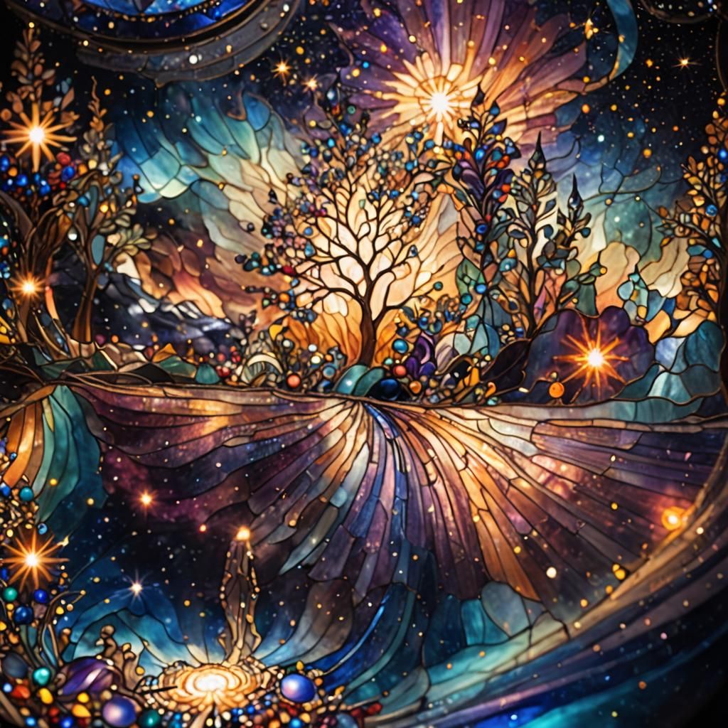 Celestial stained glass. Close-up. A beaded, glowing, mystical entity in a dark, star-filled universe. ...  by @Bfb