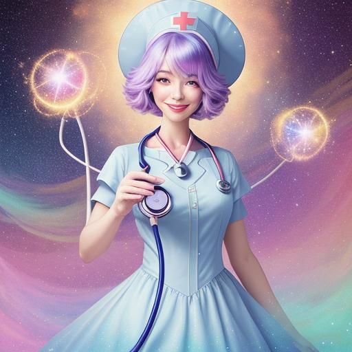 Smiling Star Nurse in Whimsical Galaxy Illustration