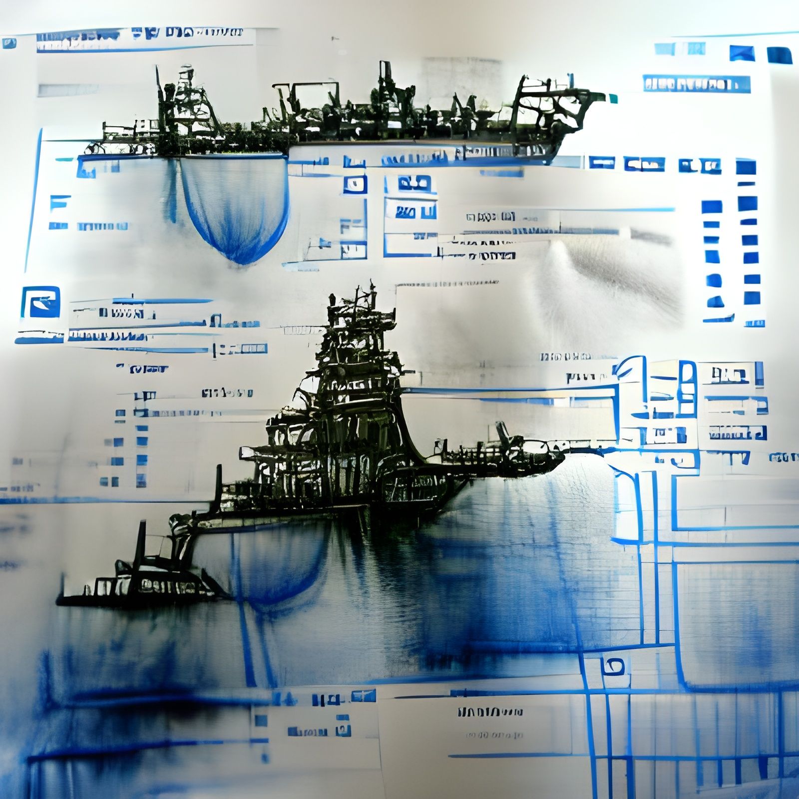 Battleship blueprint sketch ink drawing