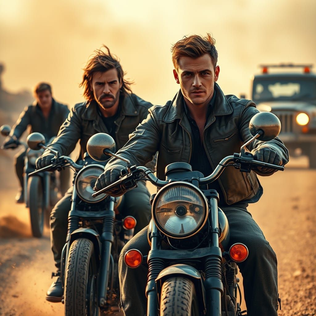 Rugged Riders Speed Down a Dusty Road in a Gritty, Golden-Li...